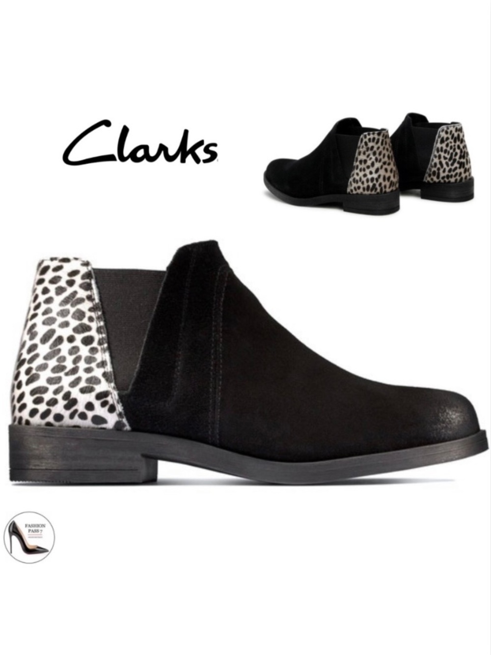 Clarks Demi2 Chelsea black suede booties Animal print low block heel ankle boots